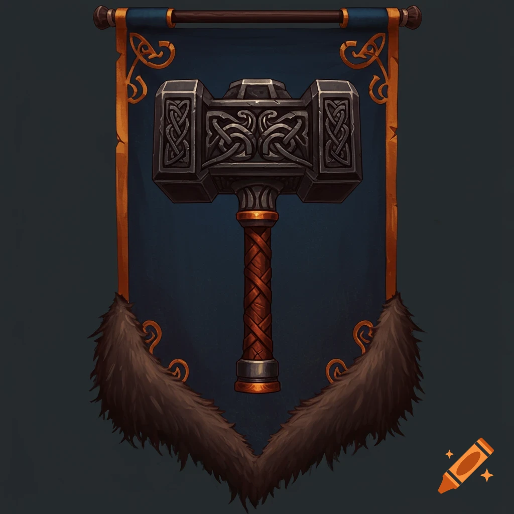 A fantasy guild banner featuring a black and bronze dwarf hammer, intricate designs, and fur trim.