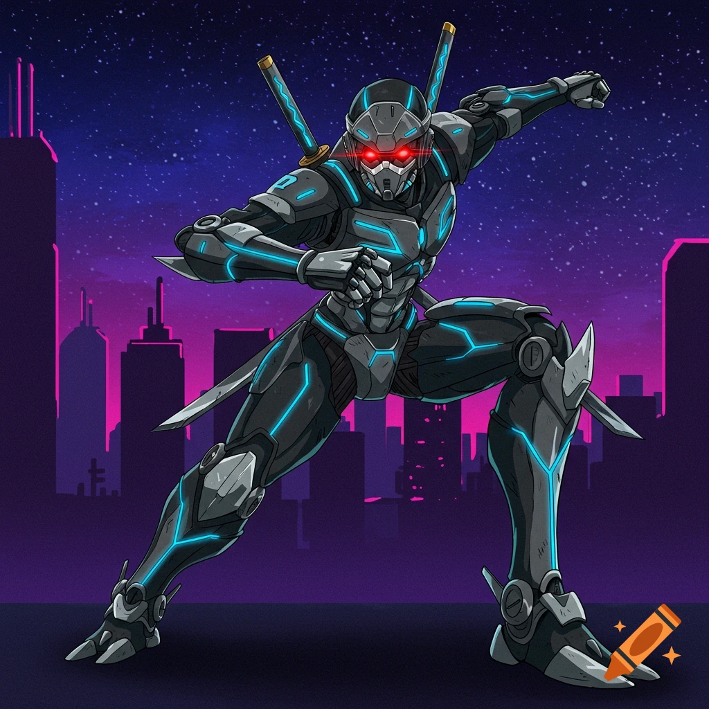 A robot ninja in dynamic pose against a futuristic city skyline, in 2000s anime style.
