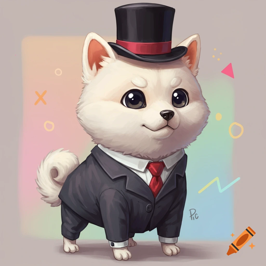 Cute white dog wearing a suit and top hat