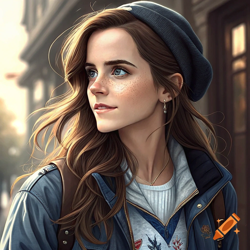 Portrait of a young woman with long brown hair and freckles wearing a beanie and jacket, looking away.