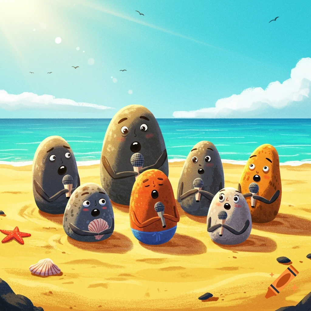 Cartoon animated rocks singing on a sunny beach