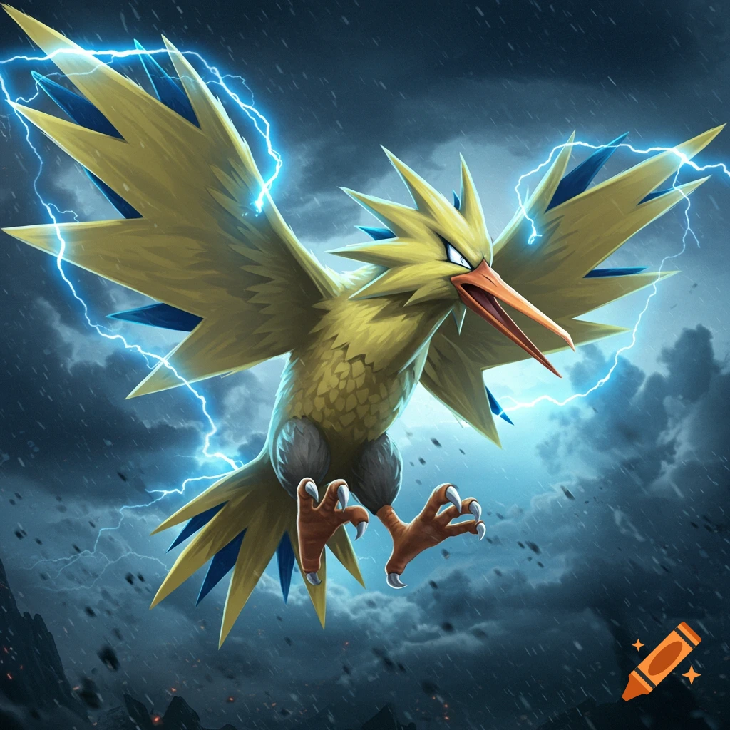 Zapdos, a yellow bird-like Pokemon, flies through a stormy sky surrounded by lightning.