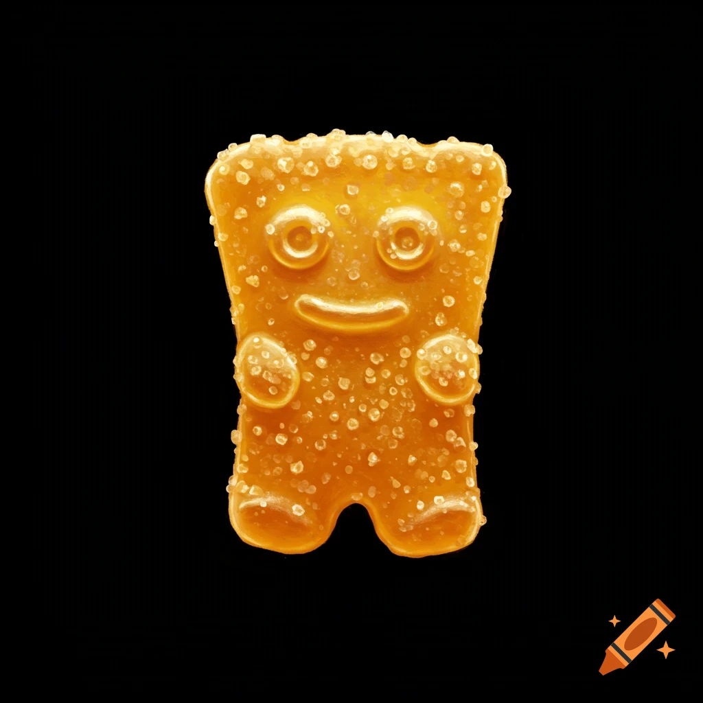 A gold candy character covered in sugar crystals on a black background.