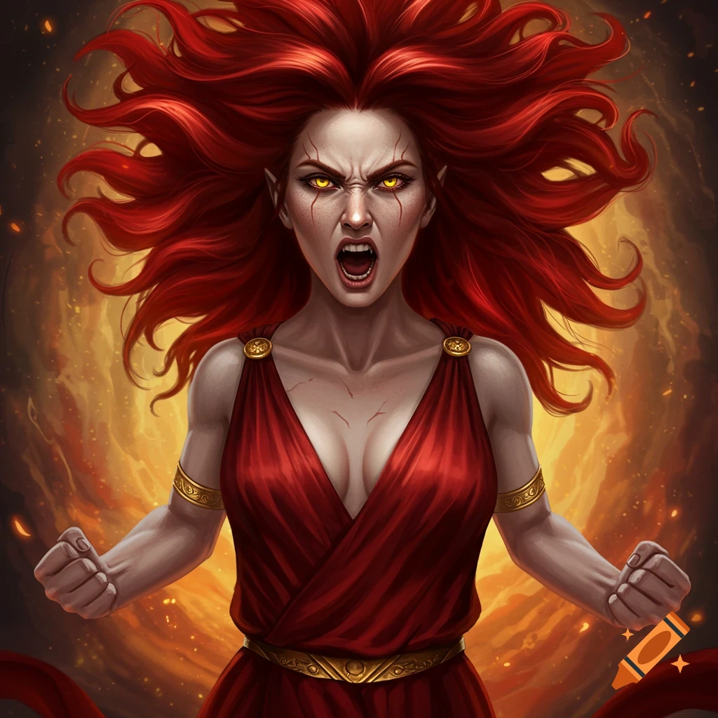 A fierce woman with fiery red hair and golden eyes is wearing a red dress against a fiery background.