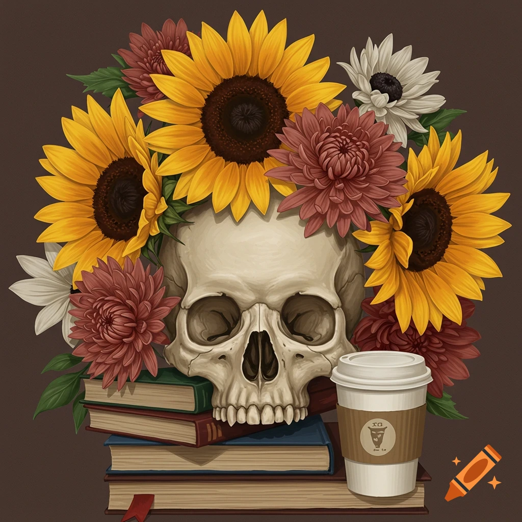 A skull surrounded by sunflowers and flowers, resting on a stack of books next to a coffee cup.