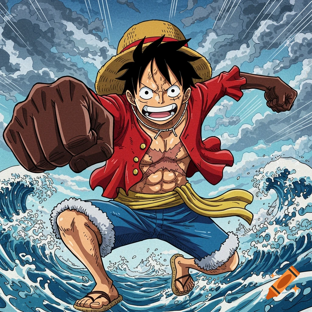 Anime illustration of Luffy from One Piece jumping over waves and punching