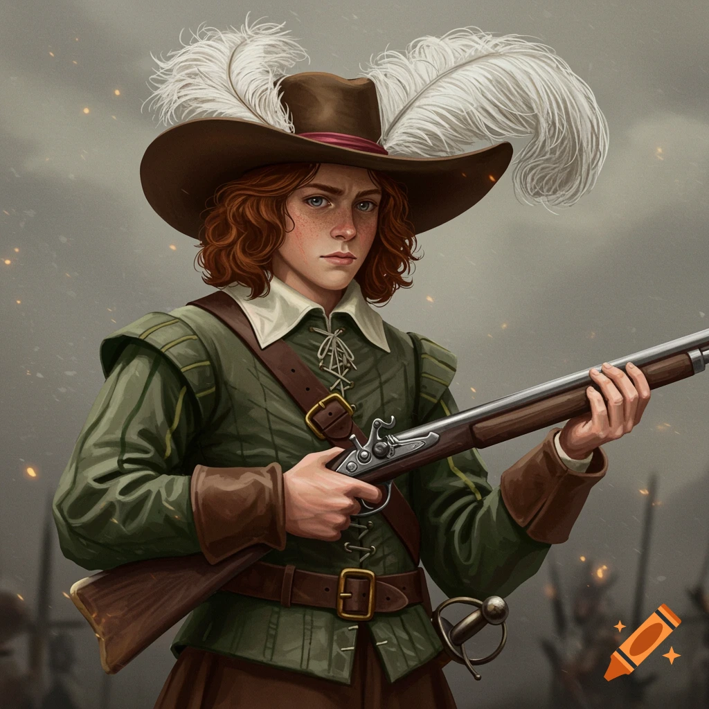 A musketeer in a feathered hat holding a musket.