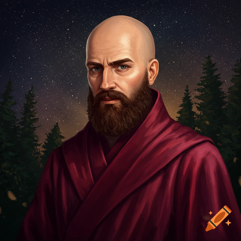 A bald man with a beard wearing red robes stands against a starry night forest.
