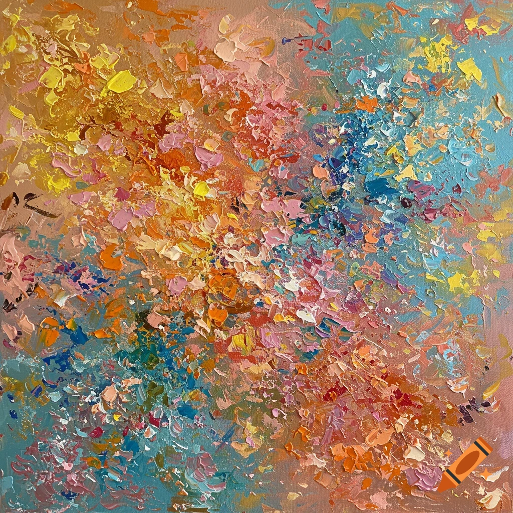 Abstract impasto painting with vibrant specks of warm and cool colors.