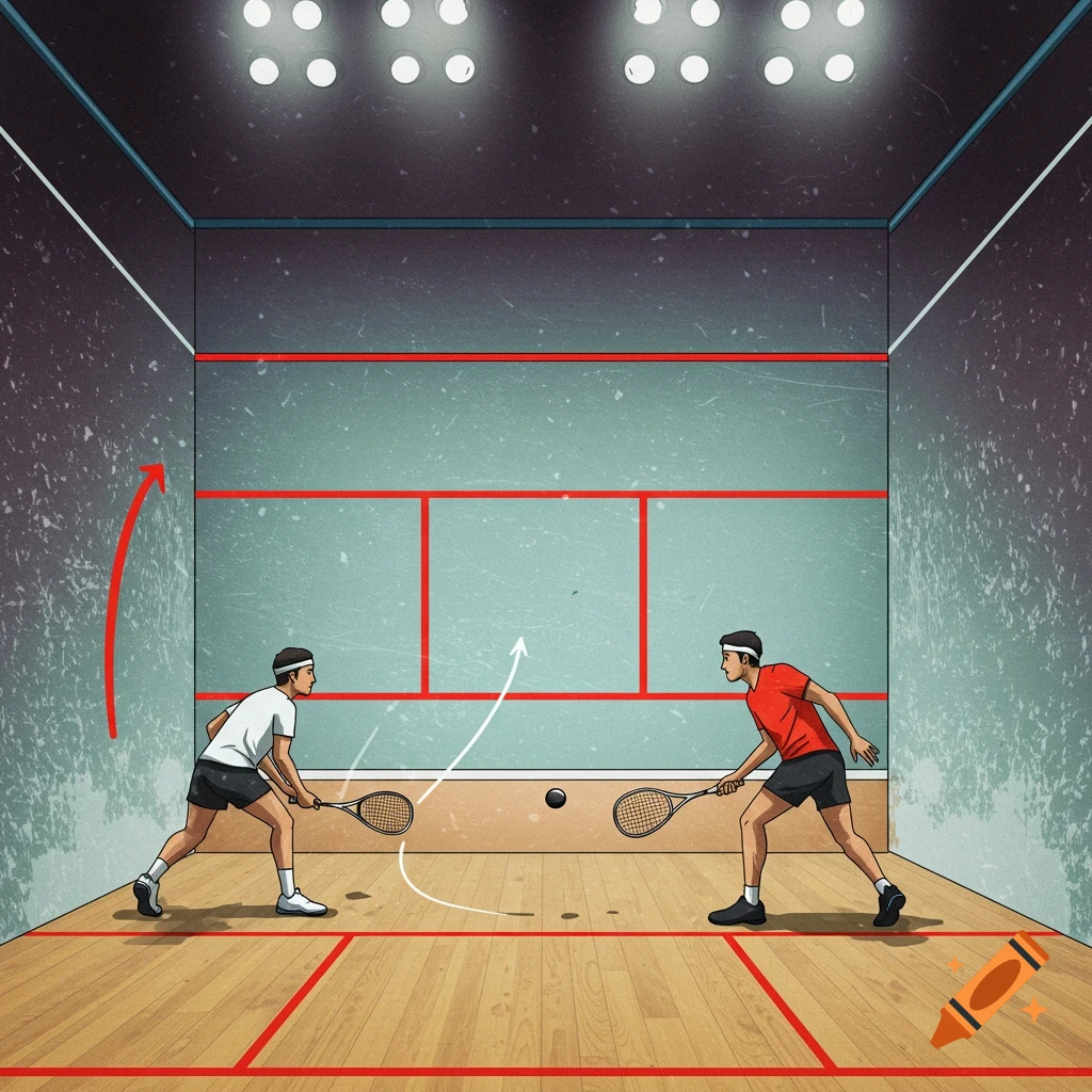 Illustration of two players playing squash on a court.