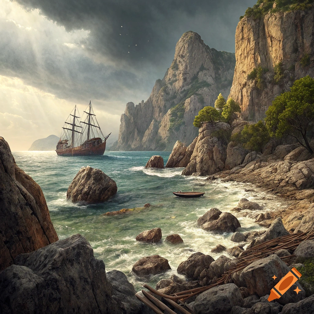 A large sailing ship and small boat near a dramatic rocky coast with waves and sunrays breaking through clouds.