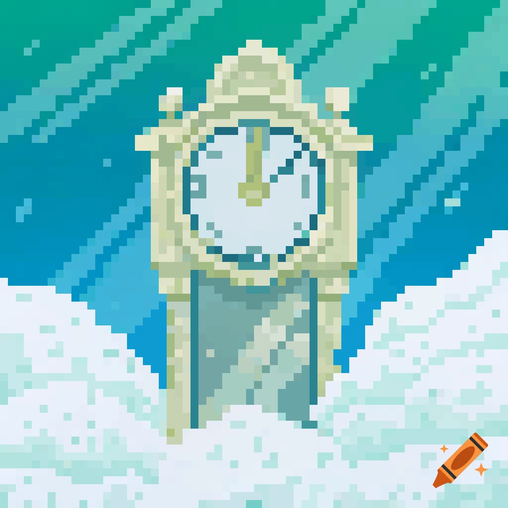 Pixel art grandfather clock surrounded by snow or clouds.