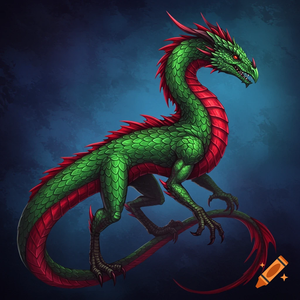 A green and red wyvern-like dragon with scales and spikes is against a dark background.