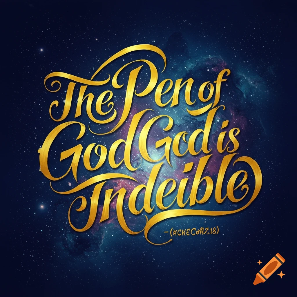 Golden script text 'The Pen of God is Indelible' against a galaxy background.