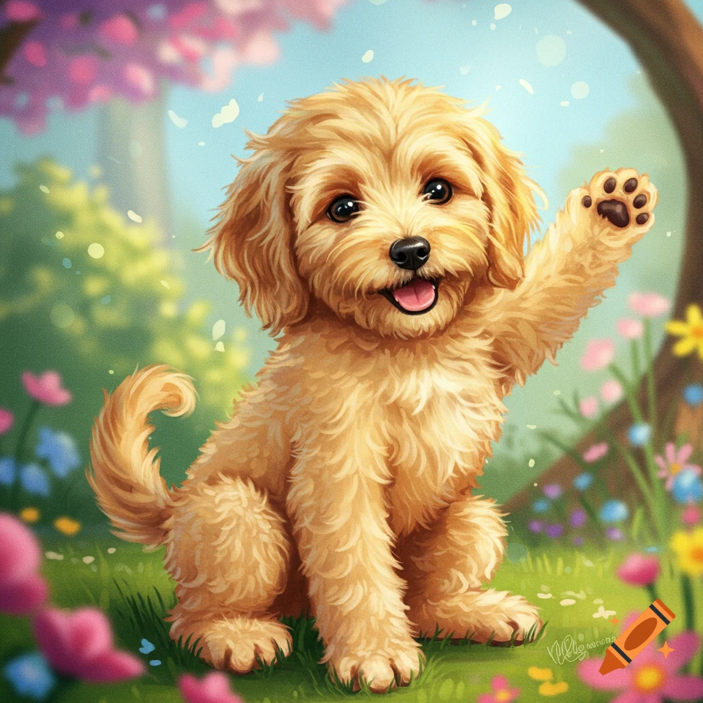 A cute Goldendoodle puppy waving its paw in a flowery garden.