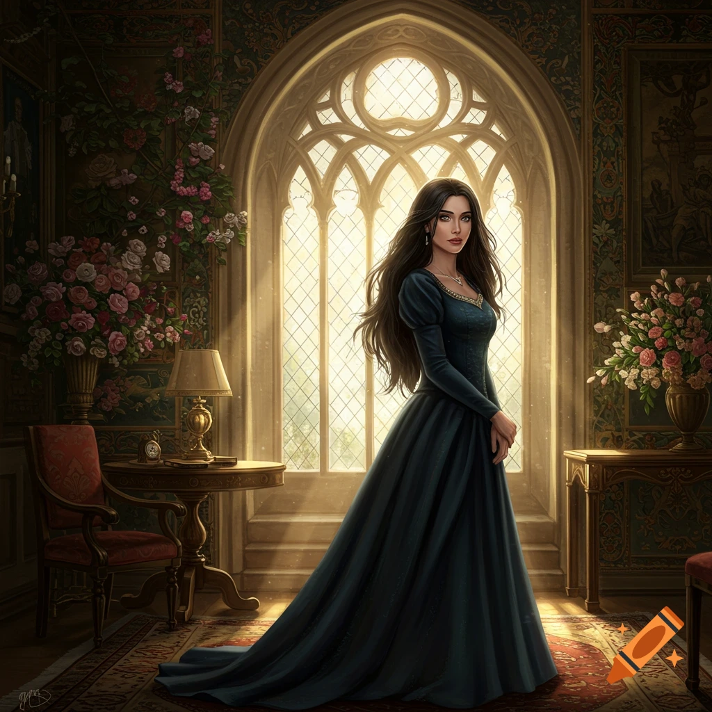 A woman in a dark blue dress stands in a grand room with a large arched window.