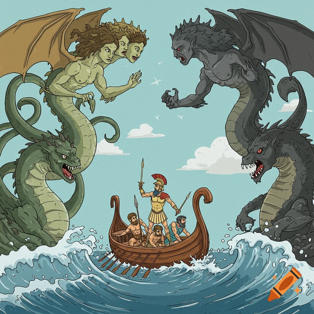 Cartoon illustration of Odysseus and crew in a boat between two sea monsters on a wavy sea.