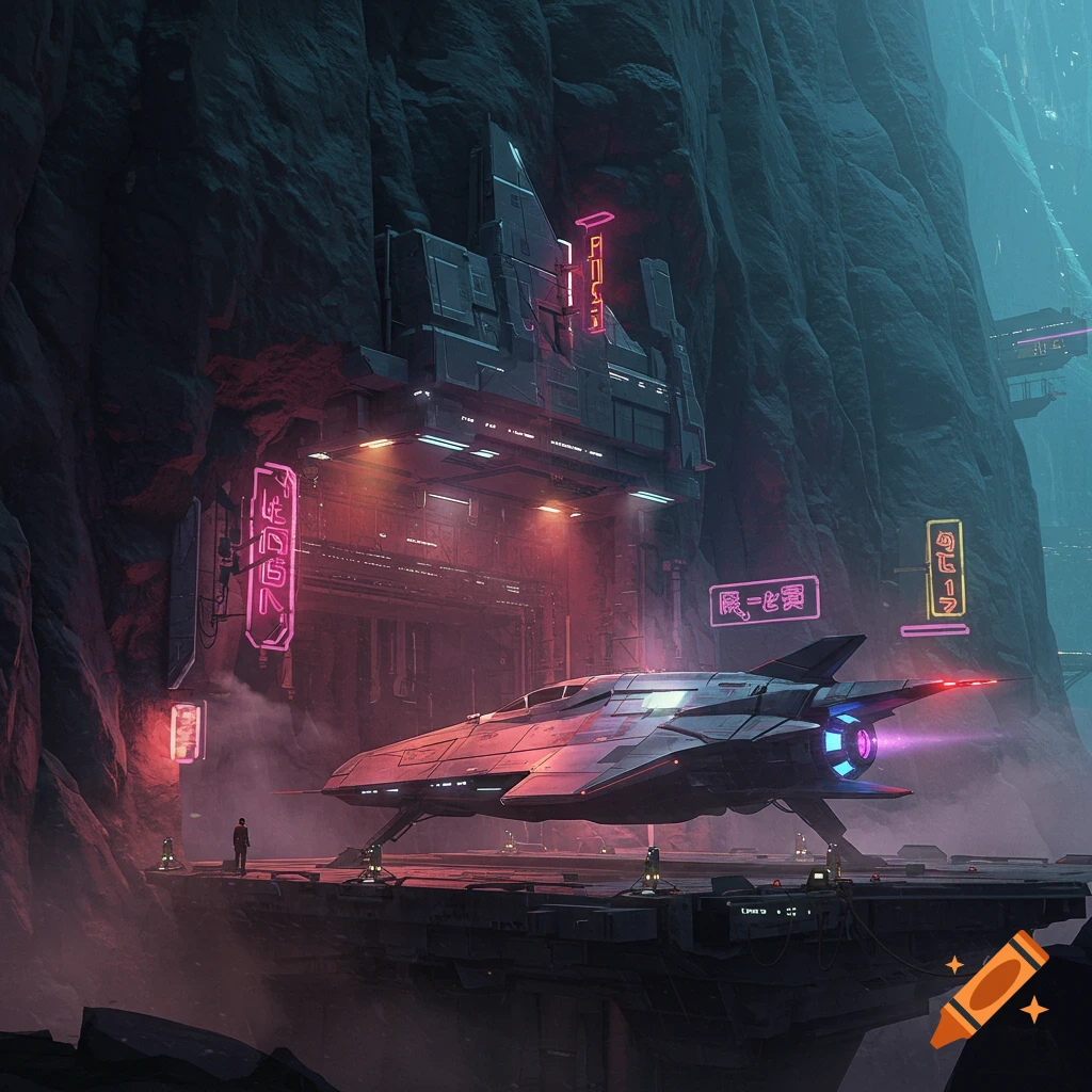 Futuristic spaceship at a cliffside docking bay with neon signs.