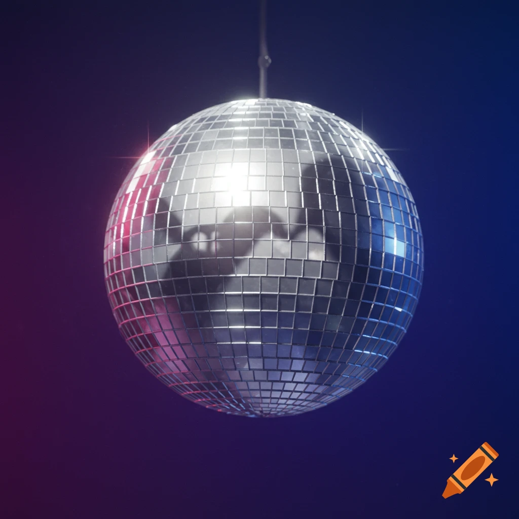 Bright silver disco ball hanging against a blue and purple background