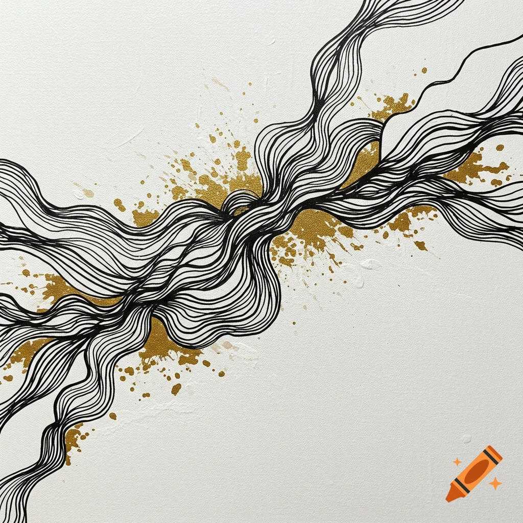 Abstract line art painting with black wavy lines and gold paint splatters on a white background.