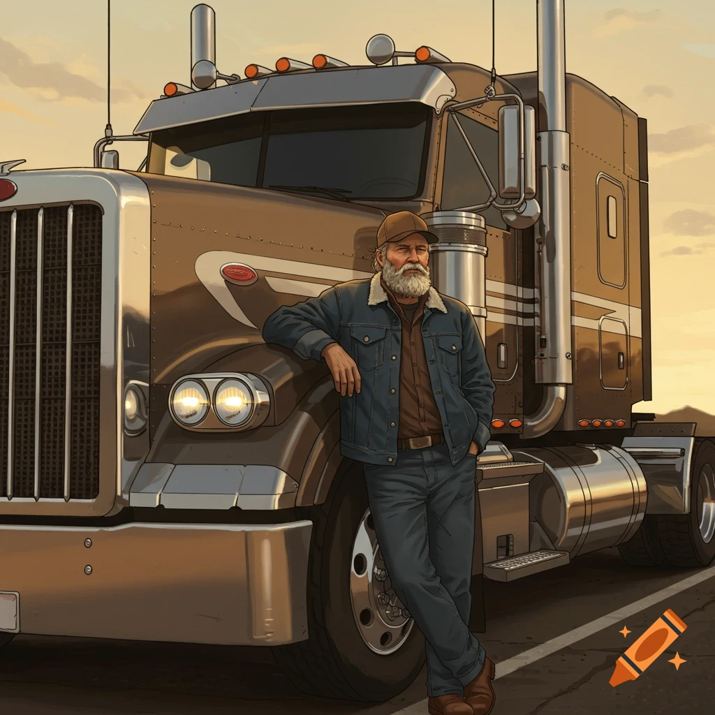 Truck driver leaning on his semi-truck at sunset.