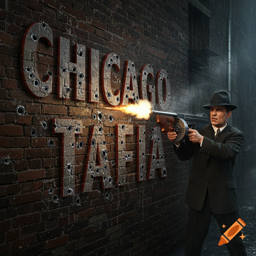 A gangster shoots a Tommy gun at a brick wall in a dark alley. Bullet holes form the words 'CHICAGO TAFIA'. Movie poster style.
