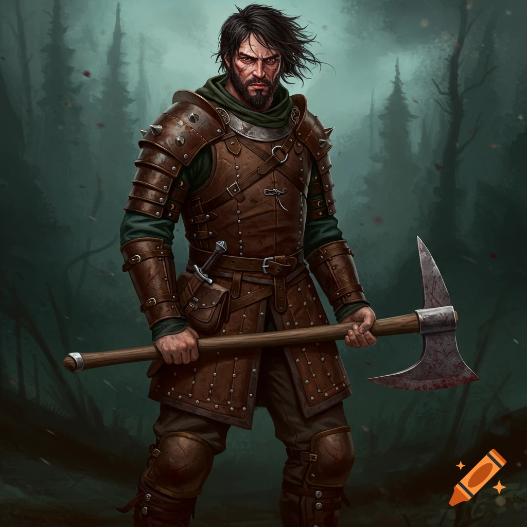 A medieval fantasy sellsword mercenary with an axe stands in a forest.