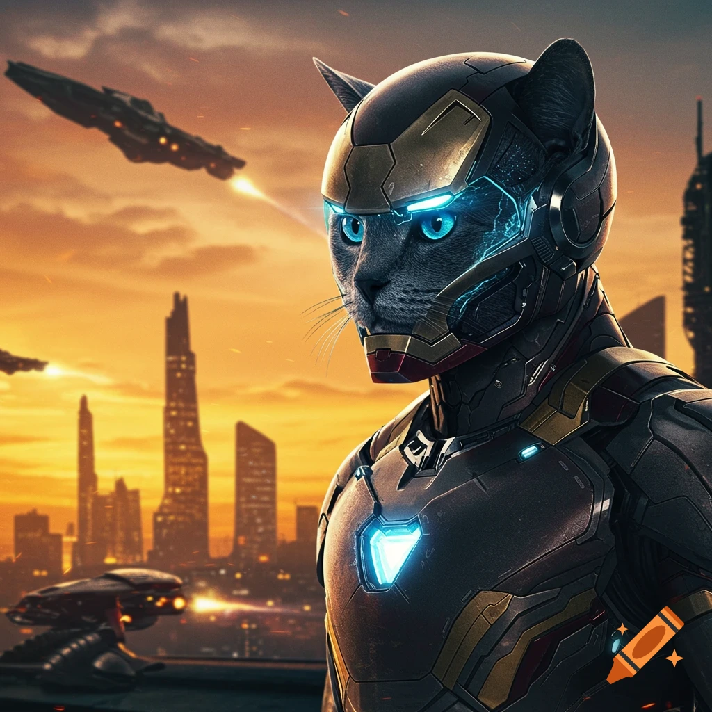 Cat in a futuristic superhero suit overlooking a sci-fi city at sunset with spaceships.