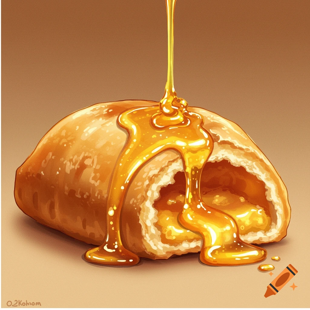 A honey-filled pastry with golden honey pouring on it.