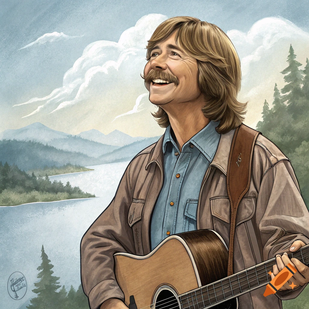 Illustration of John Denver playing guitar in a mountain landscape