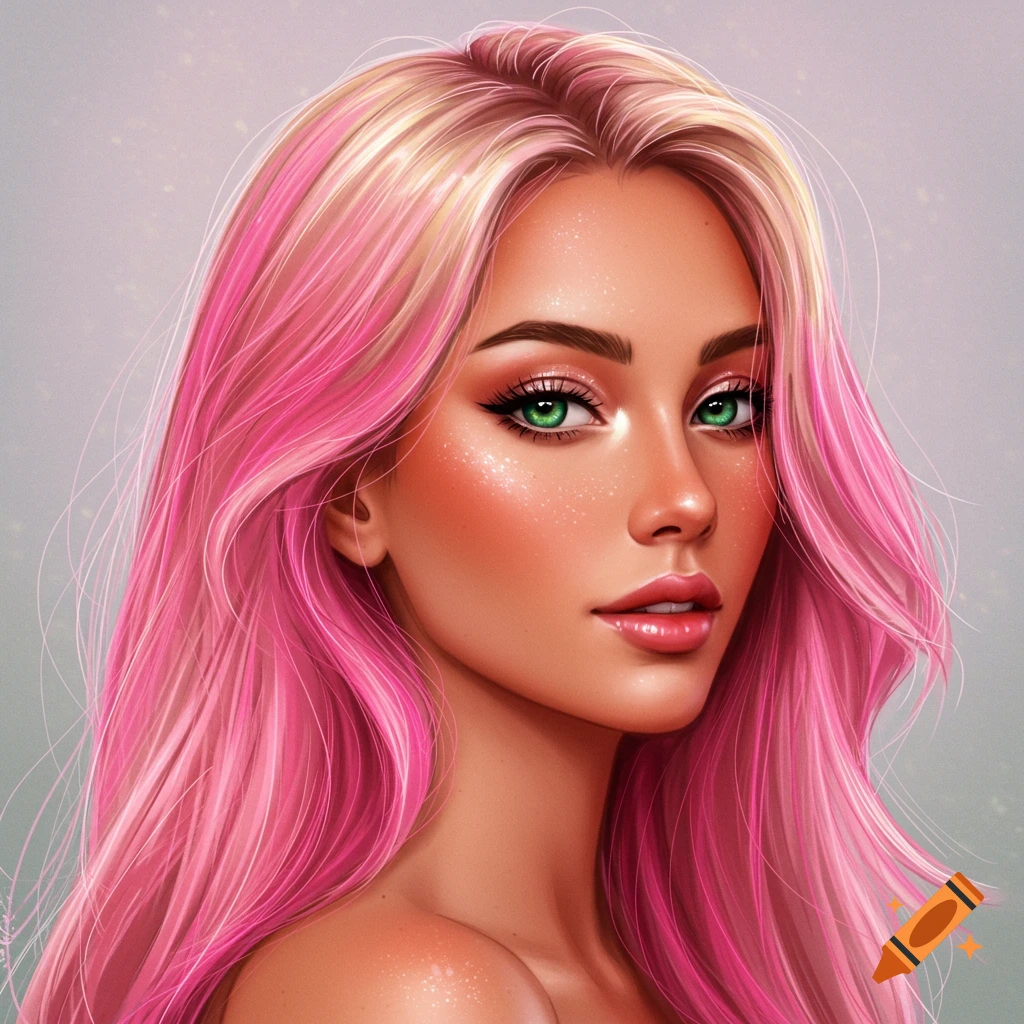 Painting of a woman with pink and blonde hair, green eyes, and tan skin.