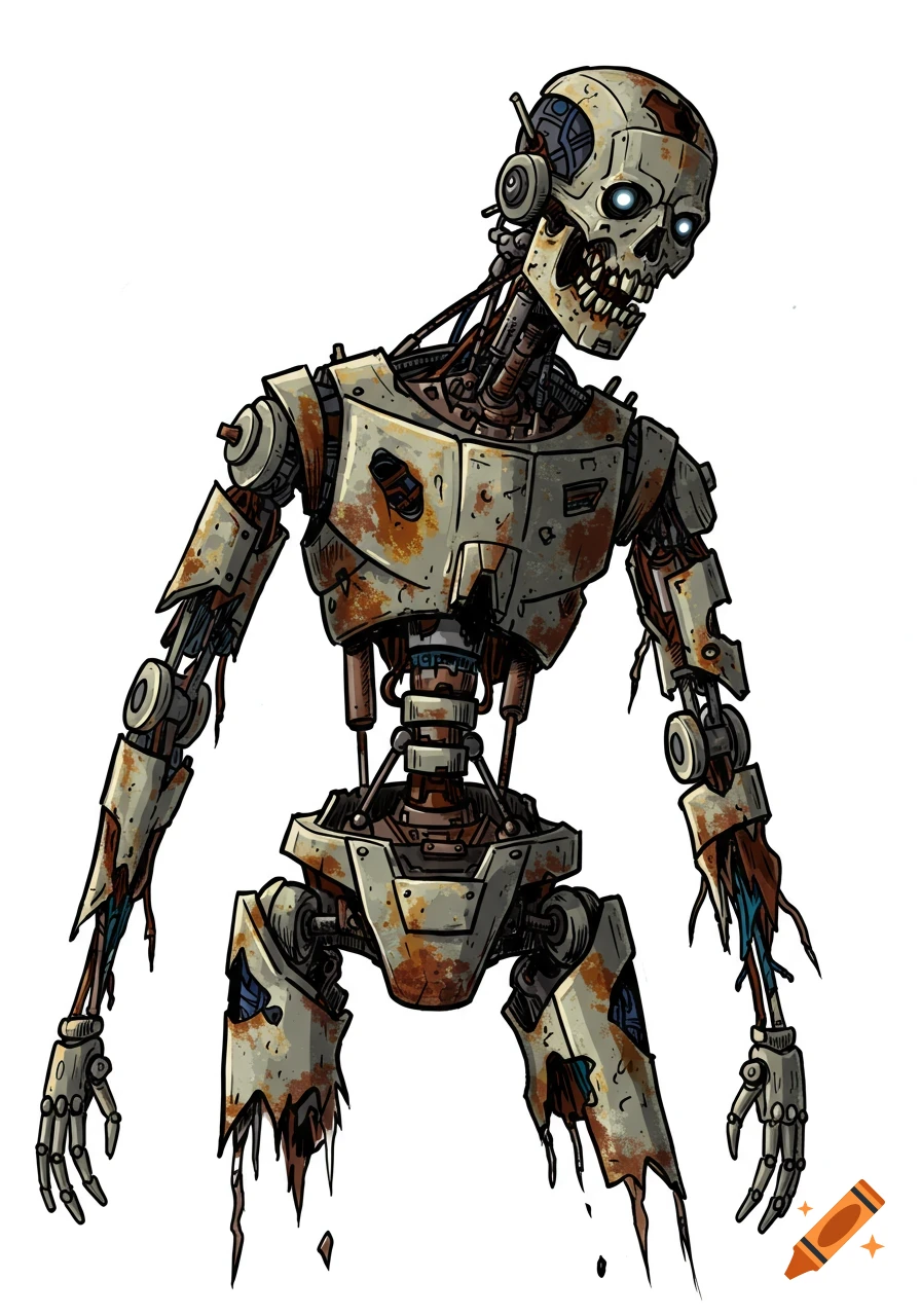 A detailed, hand-drawn illustration of an undead, skeletal robot on a white background.