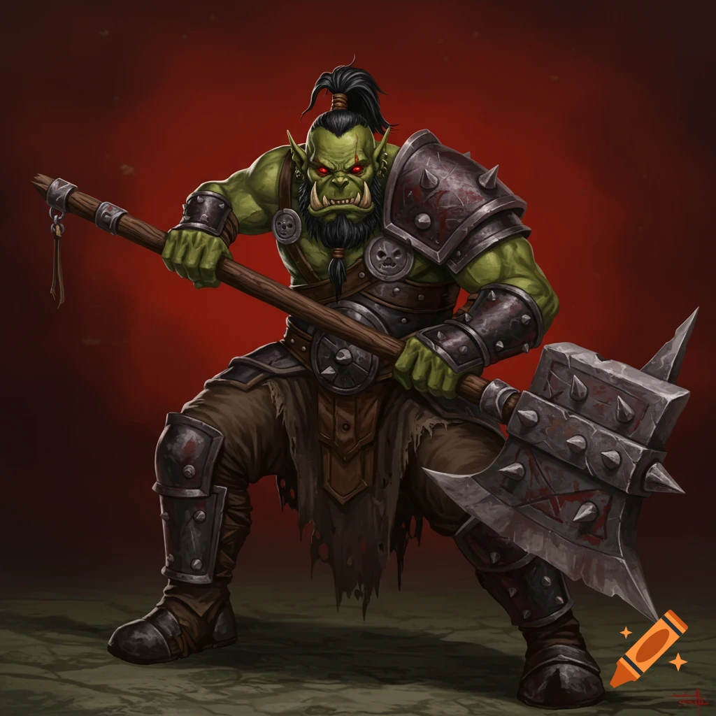 An orc in armor holding a large spiked axe against a red background.
