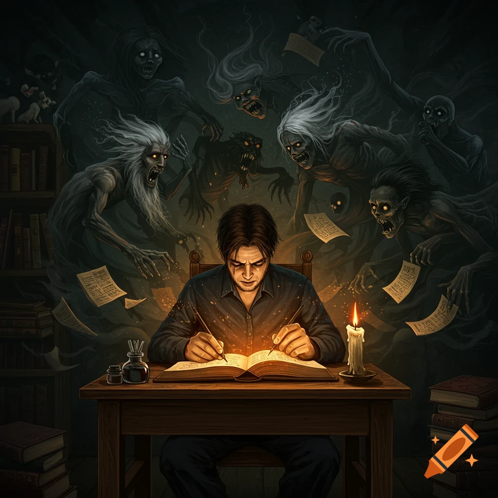 A man writes at a desk, surrounded by ghostly, monstrous figures emerging from a book in a dark fantasy style.