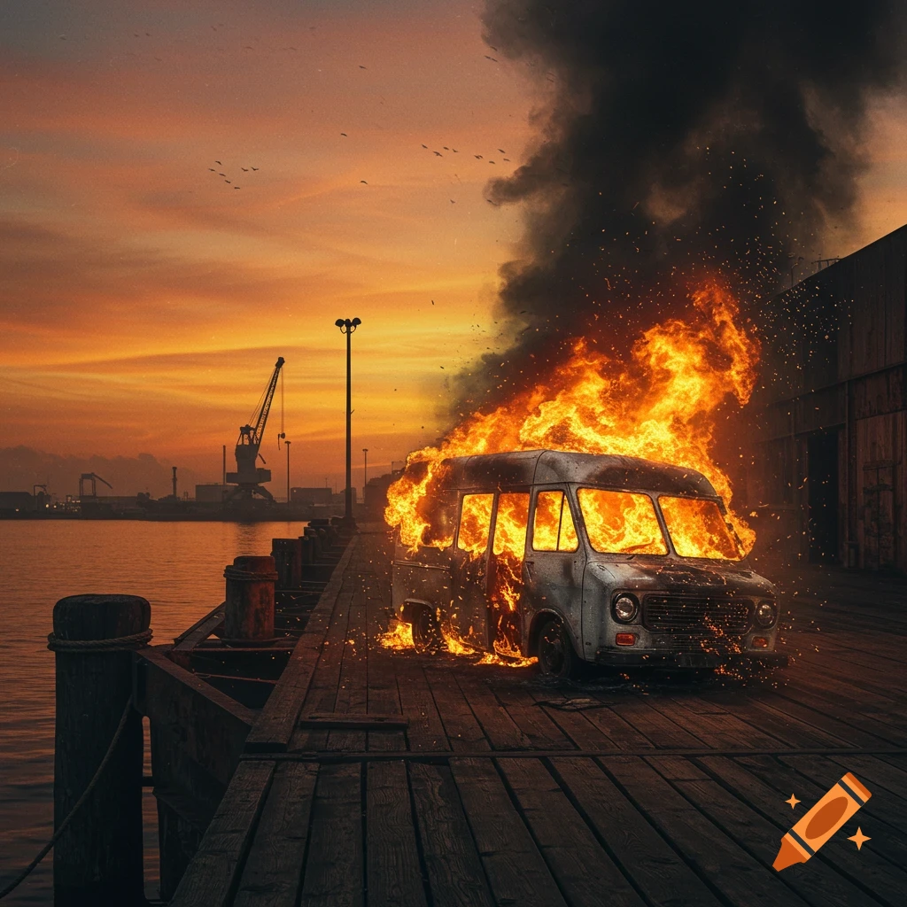 A burning van sits on a wooden dock at sunset with a crane in the background.