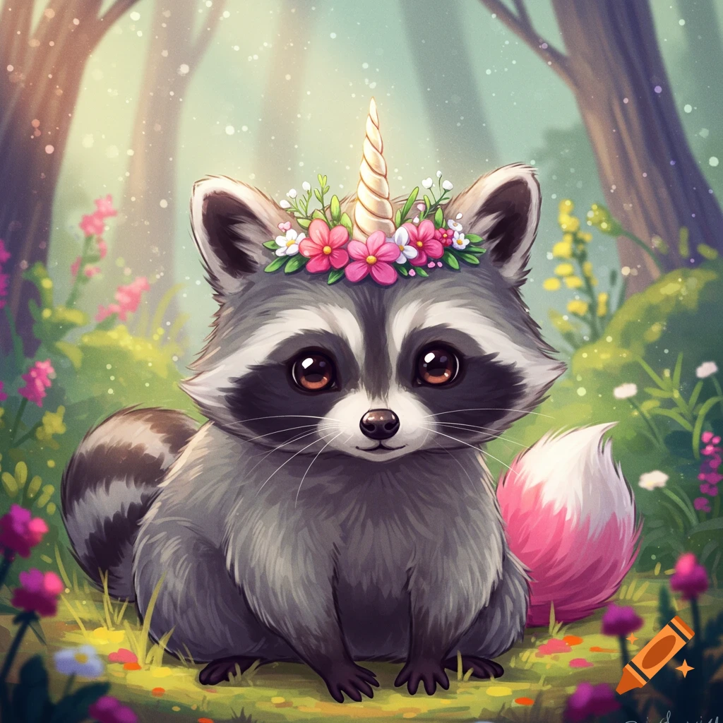 A cute raccoon with a unicorn horn and flower crown sits in a sunny forest, digital art.