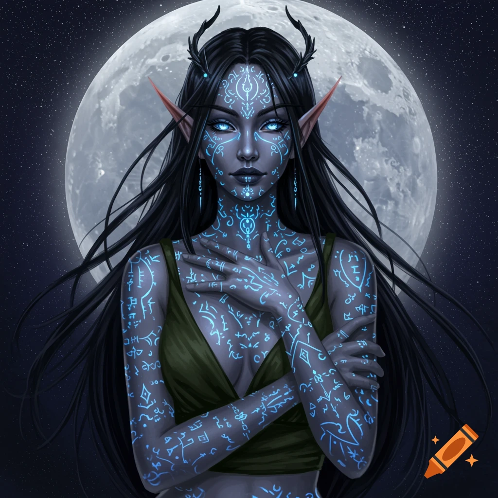 A moon elf with blue magical tattoos stands against a full moon and starry sky.
