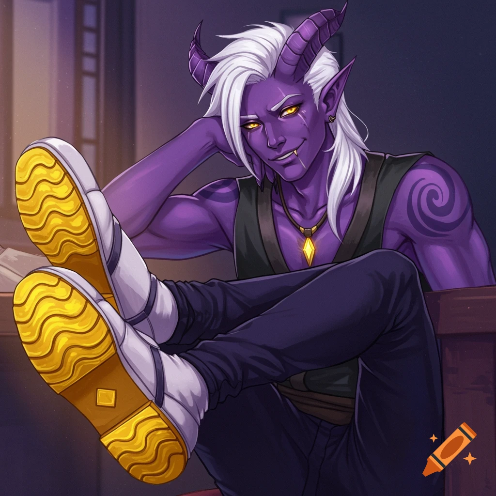 A male tiefling with purple skin and white hair is sitting with his feet on a desk, smirking.