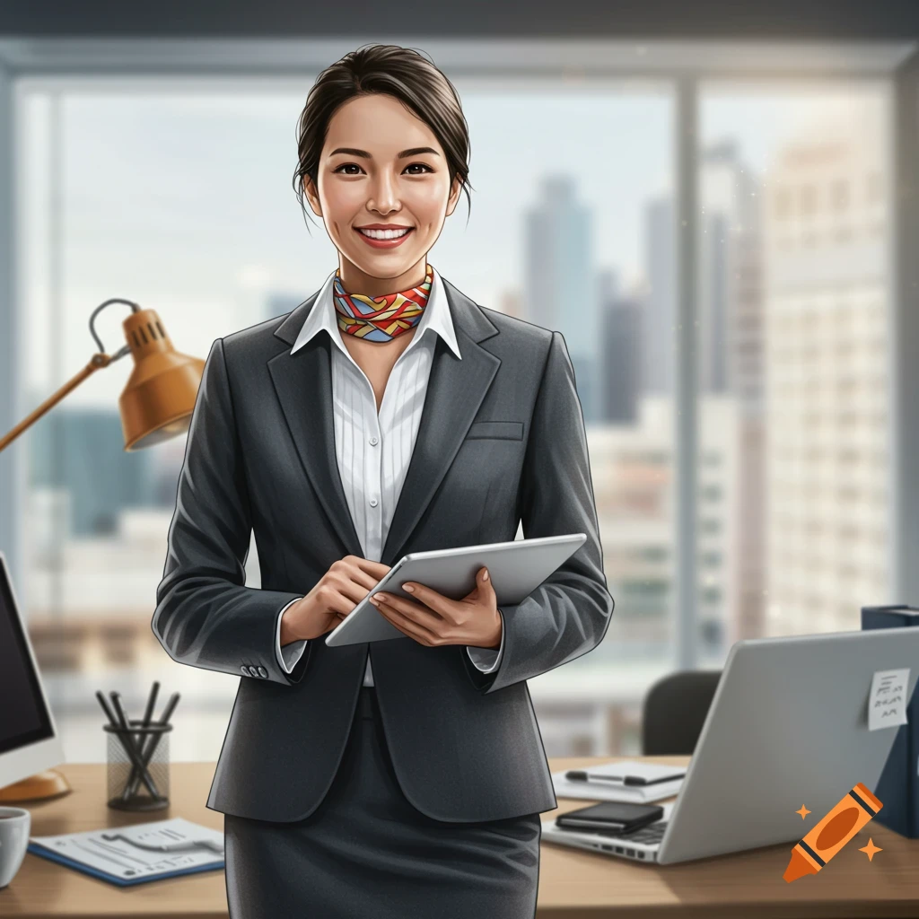 A smiling woman in a suit is holding a tablet in an office.
