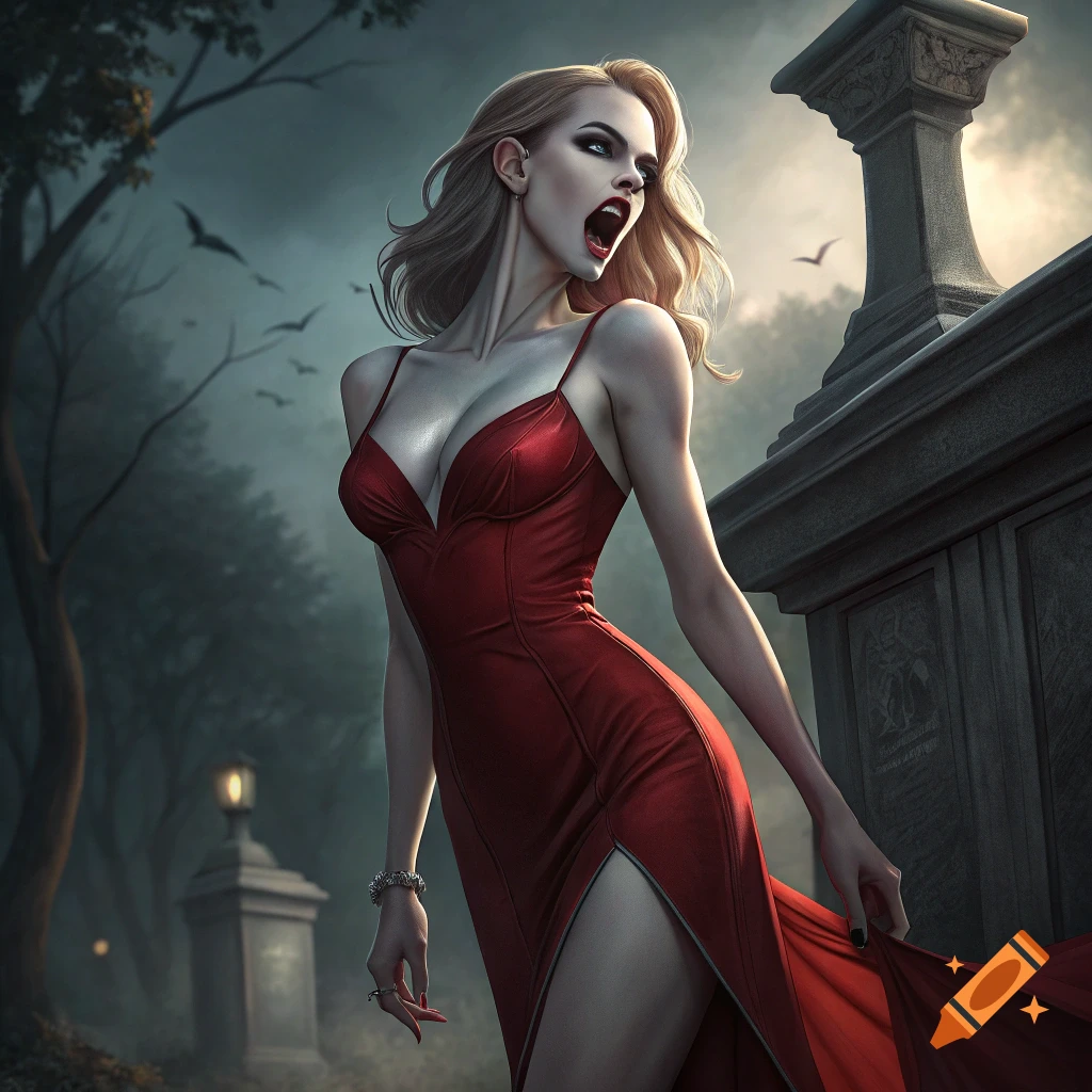 Female vampire in a red dress in a graveyard