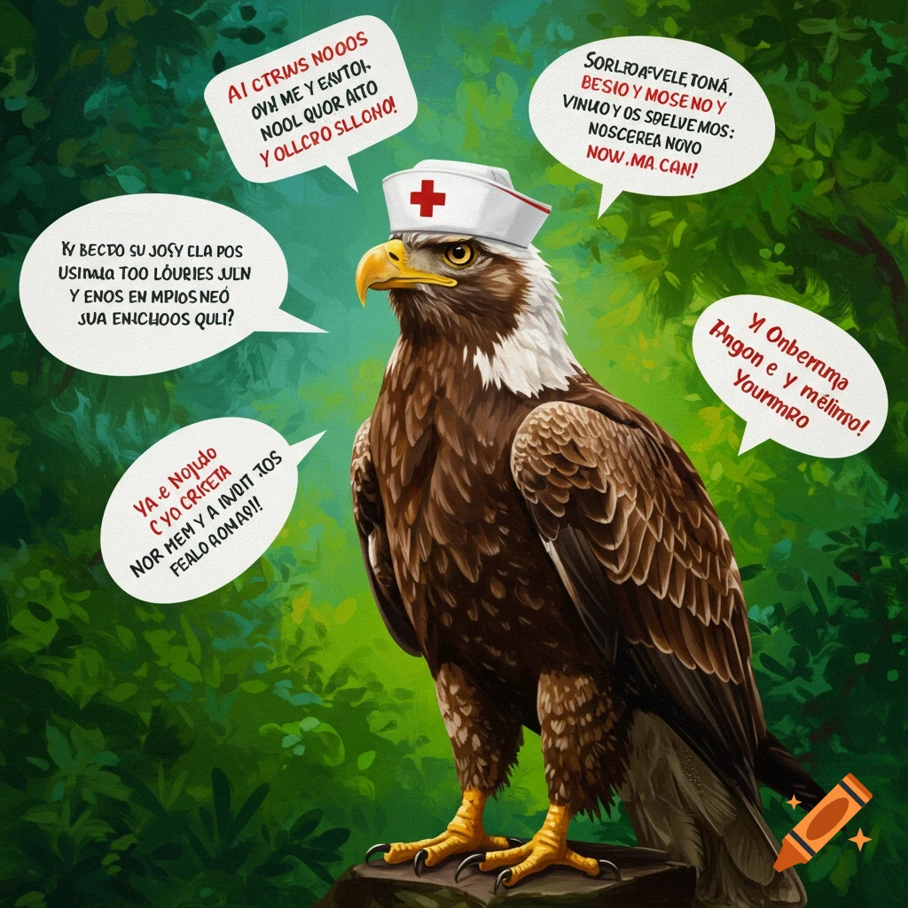 Eagle wearing a nurse's hat with Spanish speech bubbles on Craiyon