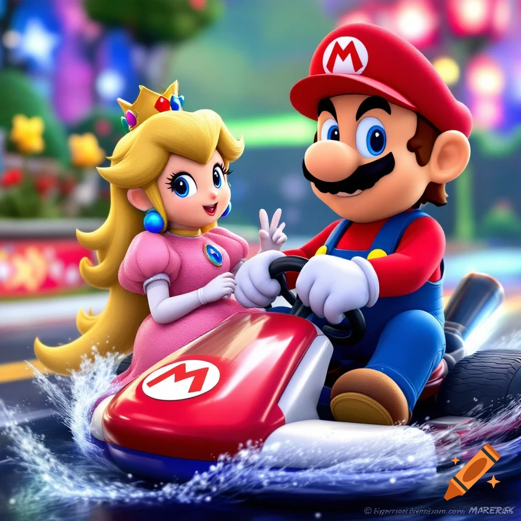 Mario and Princess Peach race in a Mario Kart on a wet track, 3D render style.