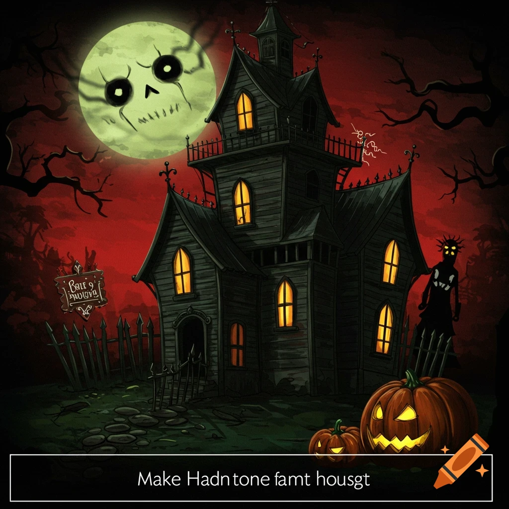 Stylized illustration of a haunted house at night with a spooky face on the full moon and glowing pumpkins.
