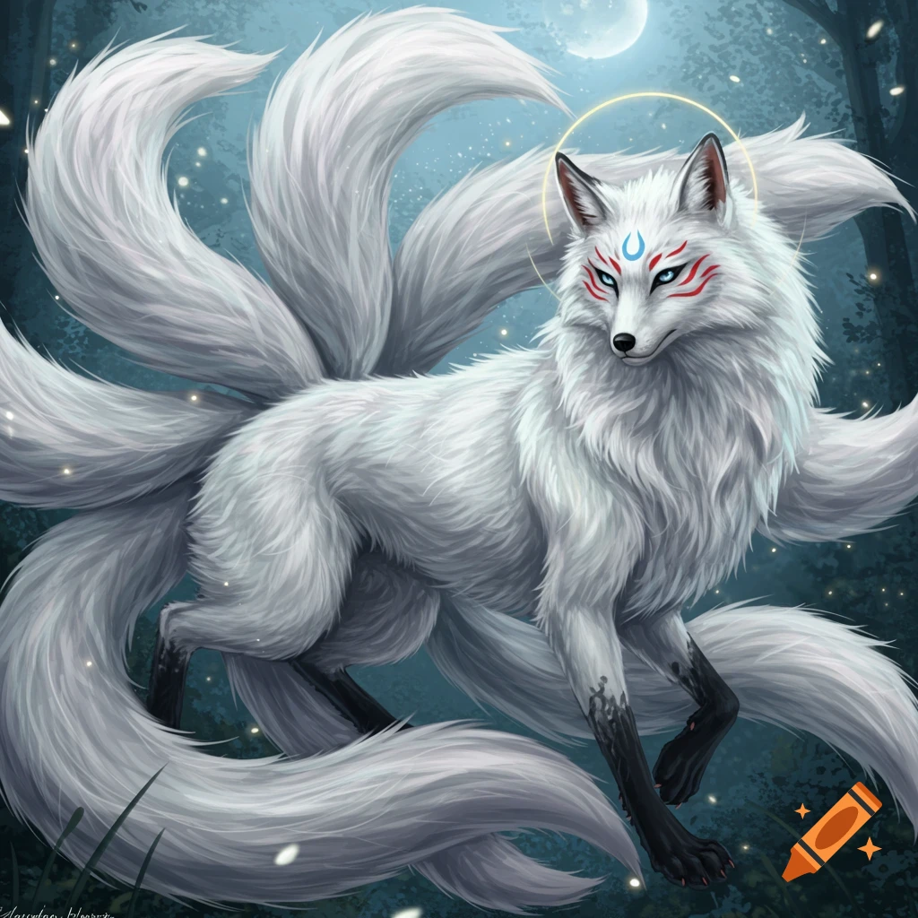 A white kitsune fox with multiple tails, face markings, and a halo in a dark forest.