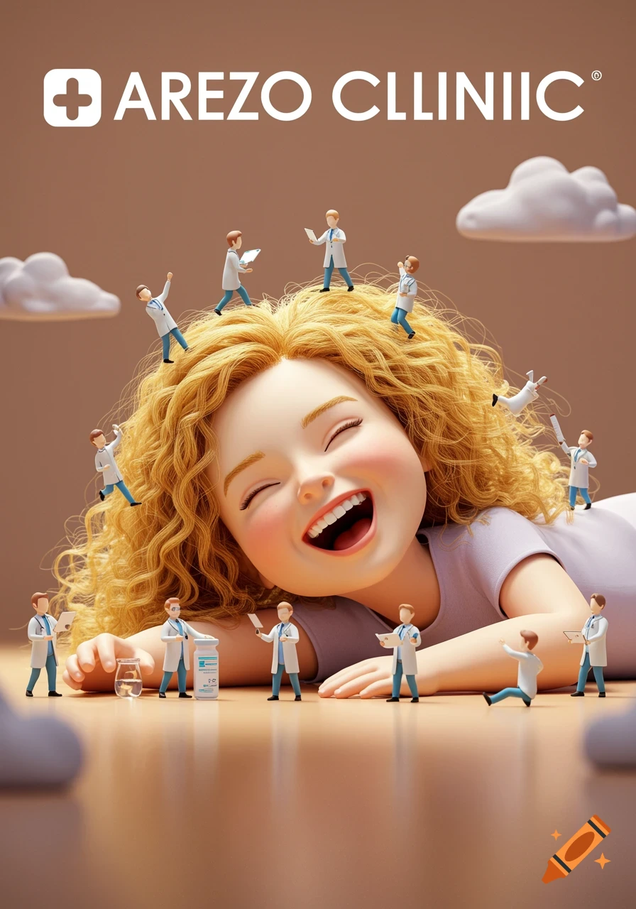 3D whimsical image of a giant girl laughing with tiny doctors on her hair and around her.