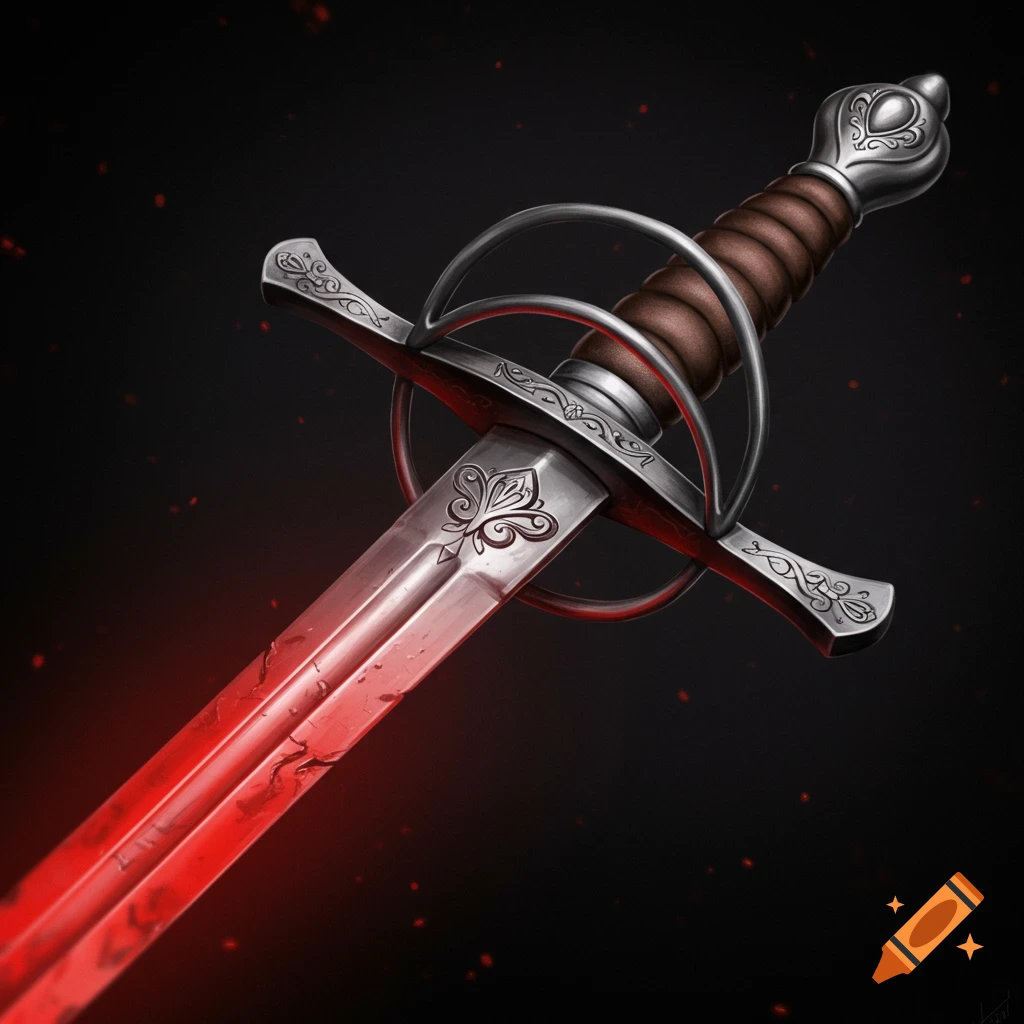 A rapier with silver hilt and red blade
