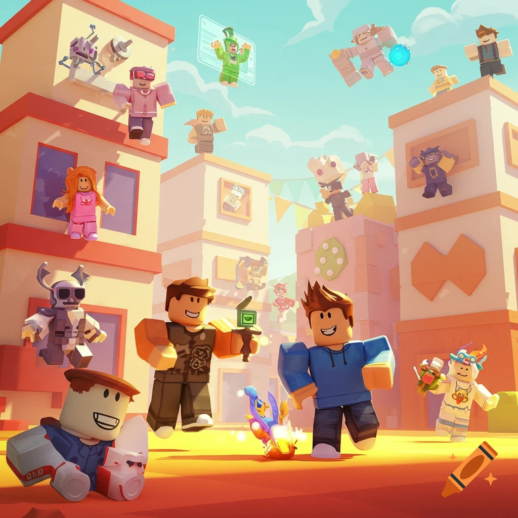 Avatars gather in a town square