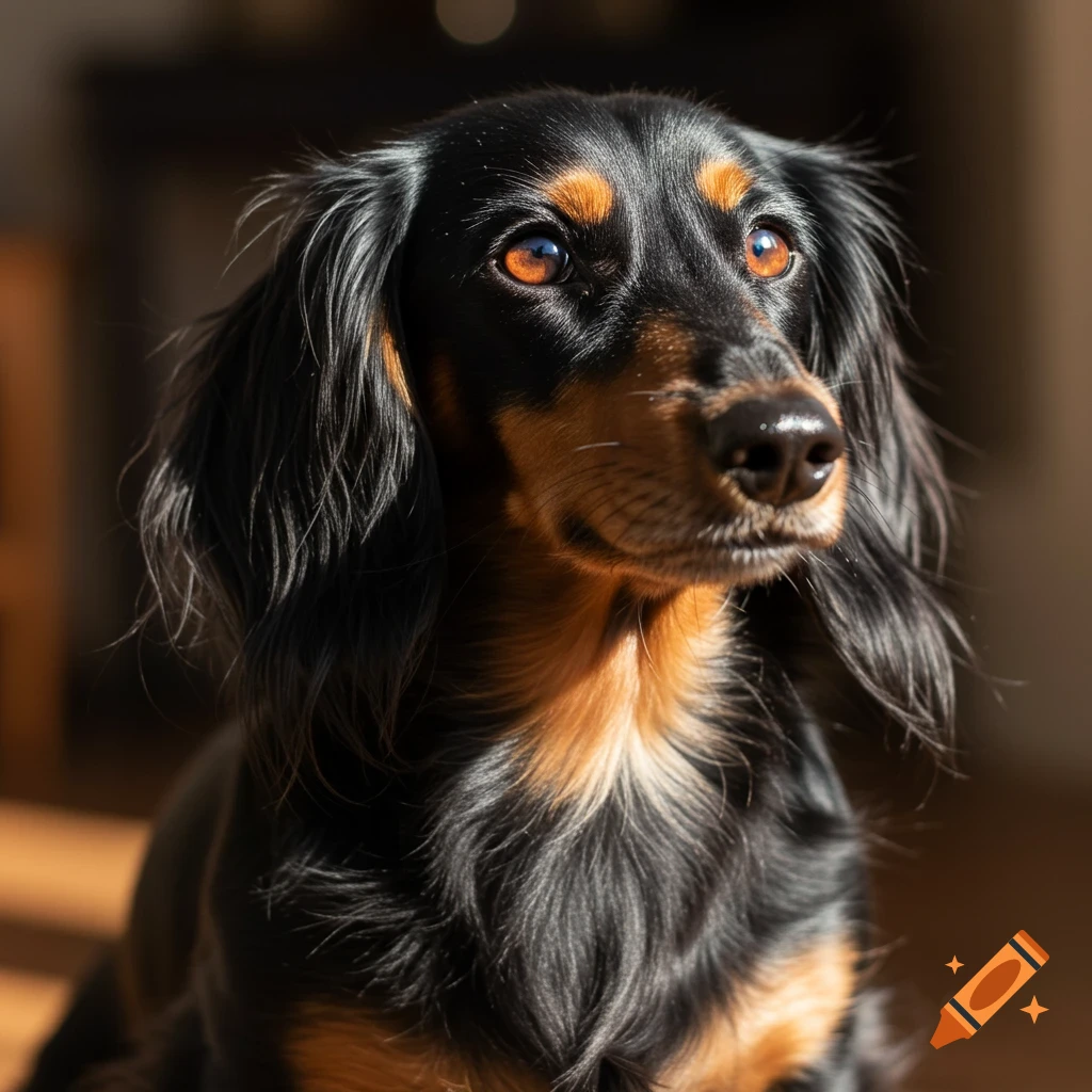 Close-up portrait of a black and tan long-haired dachshund in sunlight.