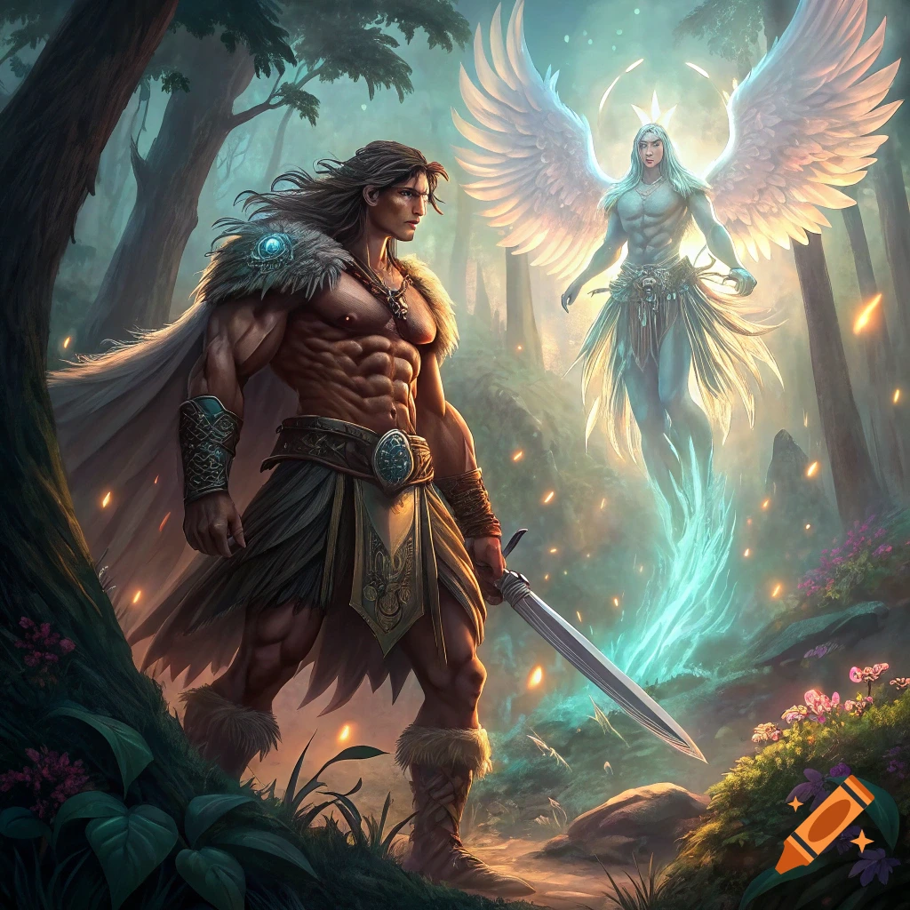 A muscular warrior stands in a forest looking towards a glowing angelic figure with large white wings.