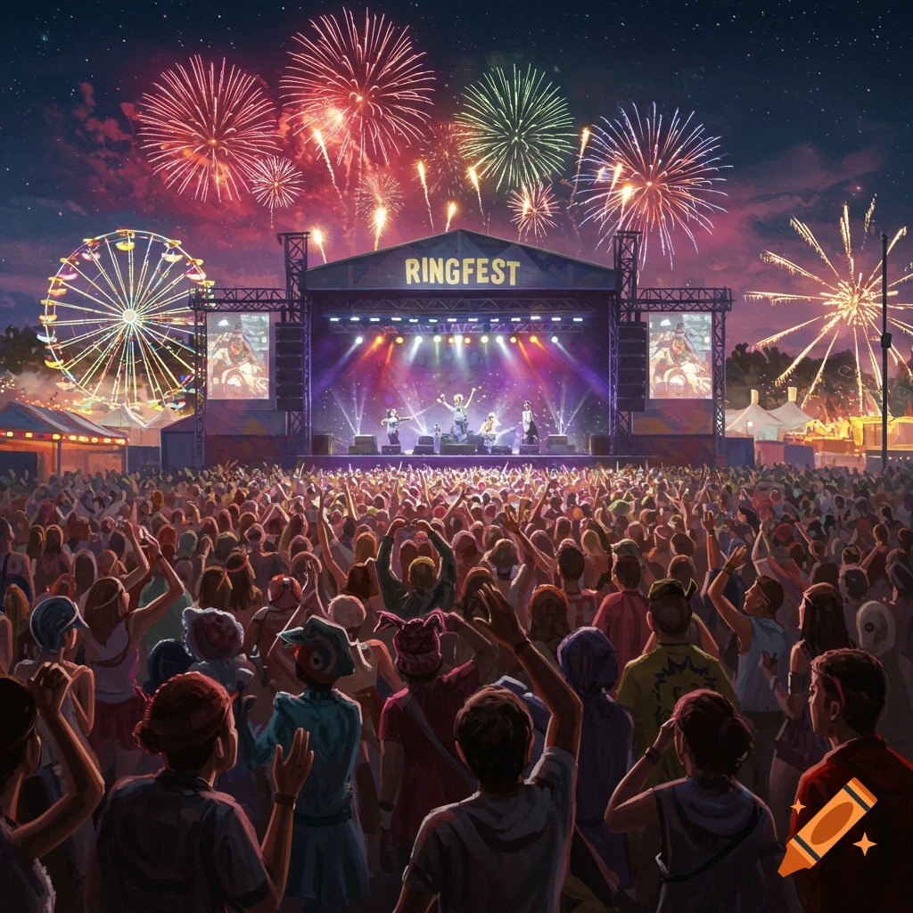 A crowded music festival at night with fireworks over the stage and a Ferris wheel.